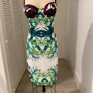 Worn Once House of CB Carmel tropical print dress push-up bodycon dress.